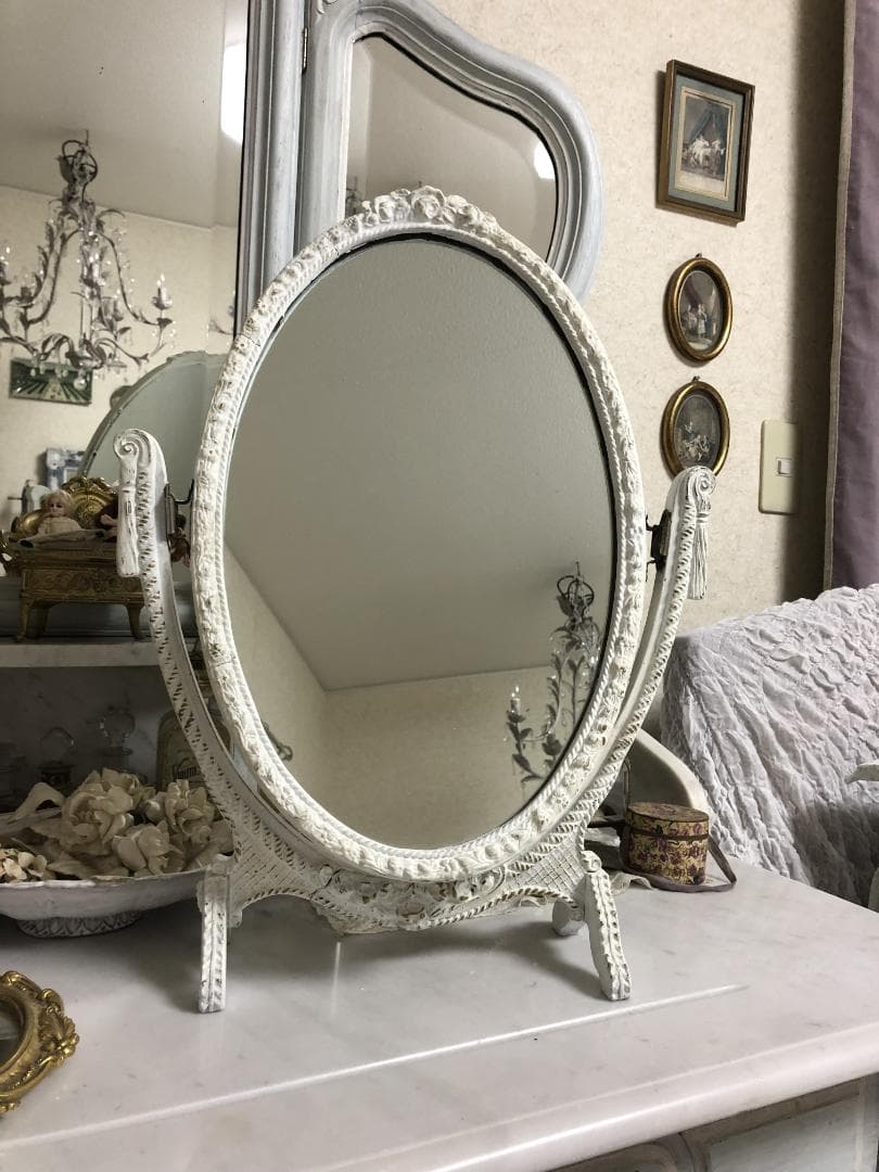 フランスアンティーク　スタンドミラー　ローズガーランド　ホワイト
