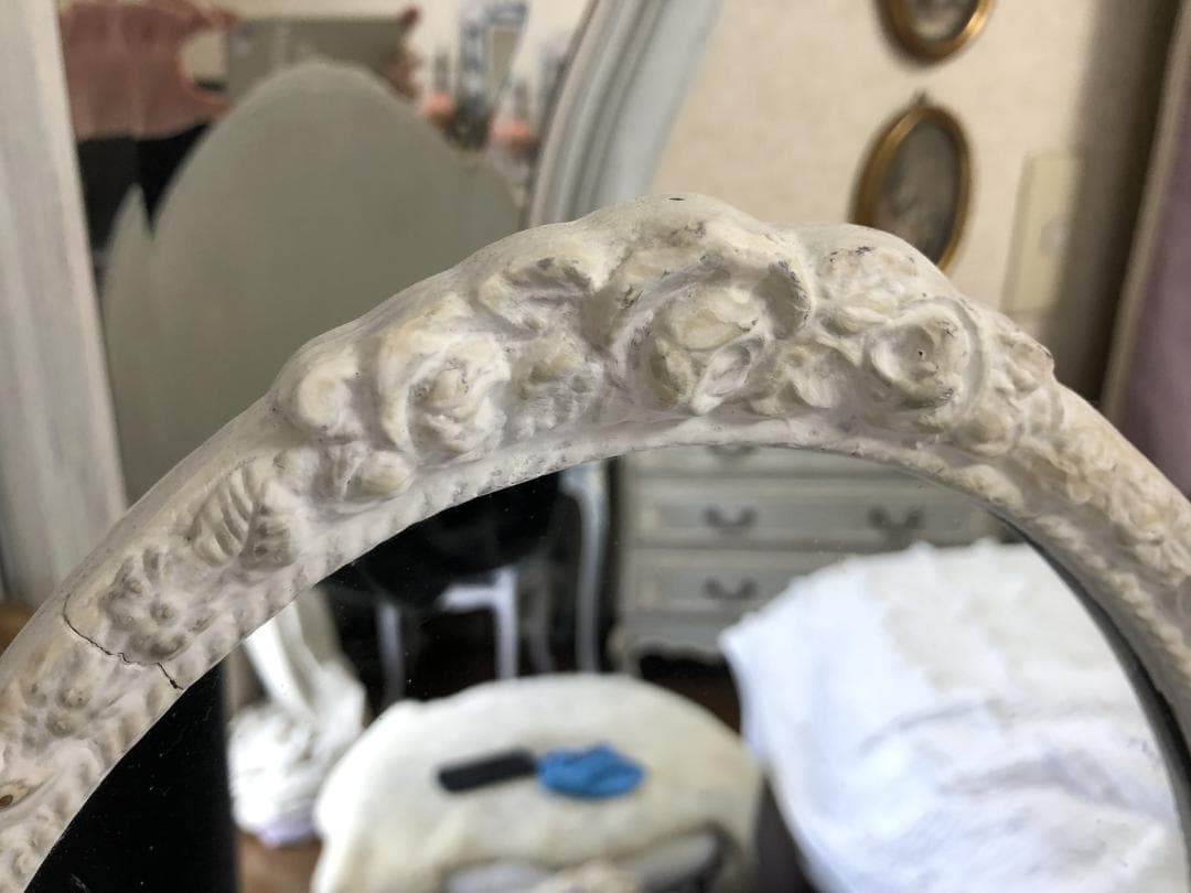 フランスアンティーク　スタンドミラー　ローズガーランド　ホワイト