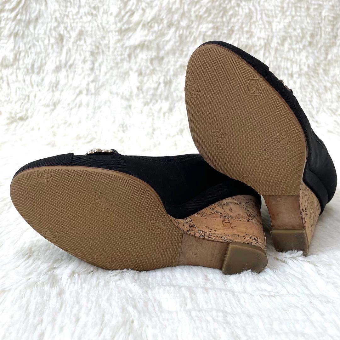 極美品✨シャネル ラインストーン パンプス カメリア BLK×GLD 22cm