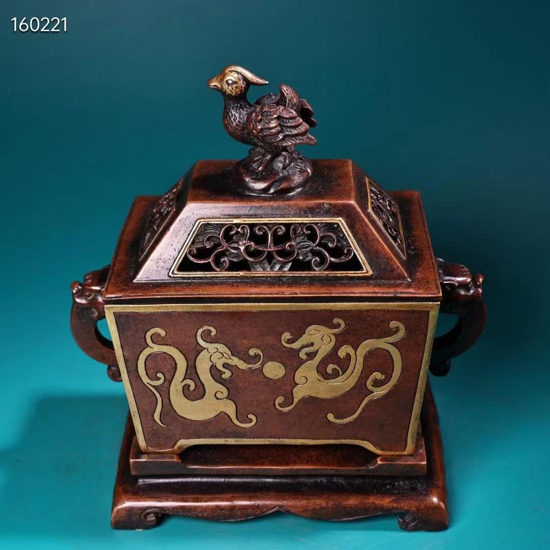 中国古美術・珍蔵·稀少品・紫銅・純手作り・鎏金高浮彫香炉・熏香爐・置物
