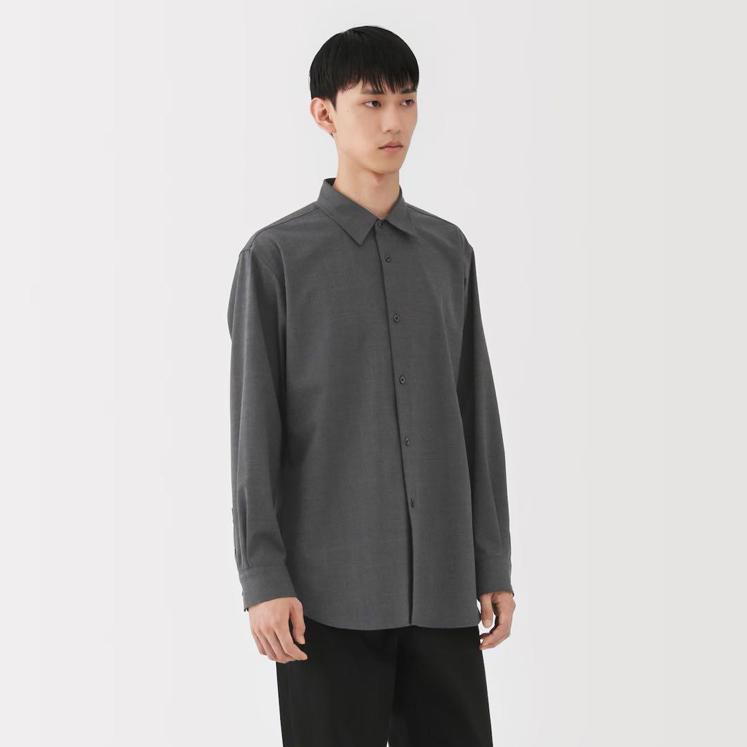 新品【S】グレー MUJI LABO ウール混 レギュラーカラーシャツ ムジラボ