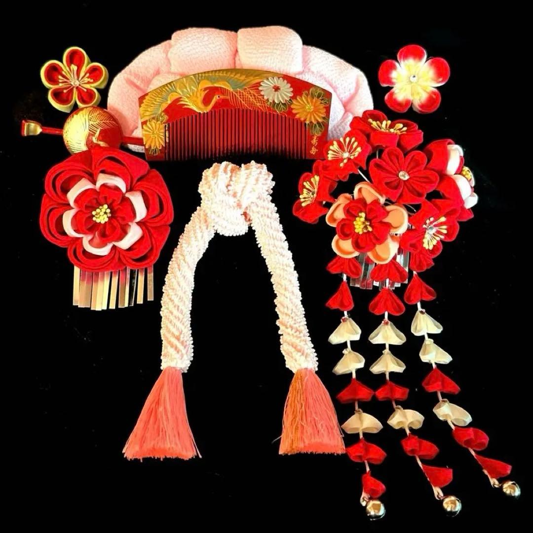 日本髪 髪飾り 七五三 (赤×ピンク) 5～7歳