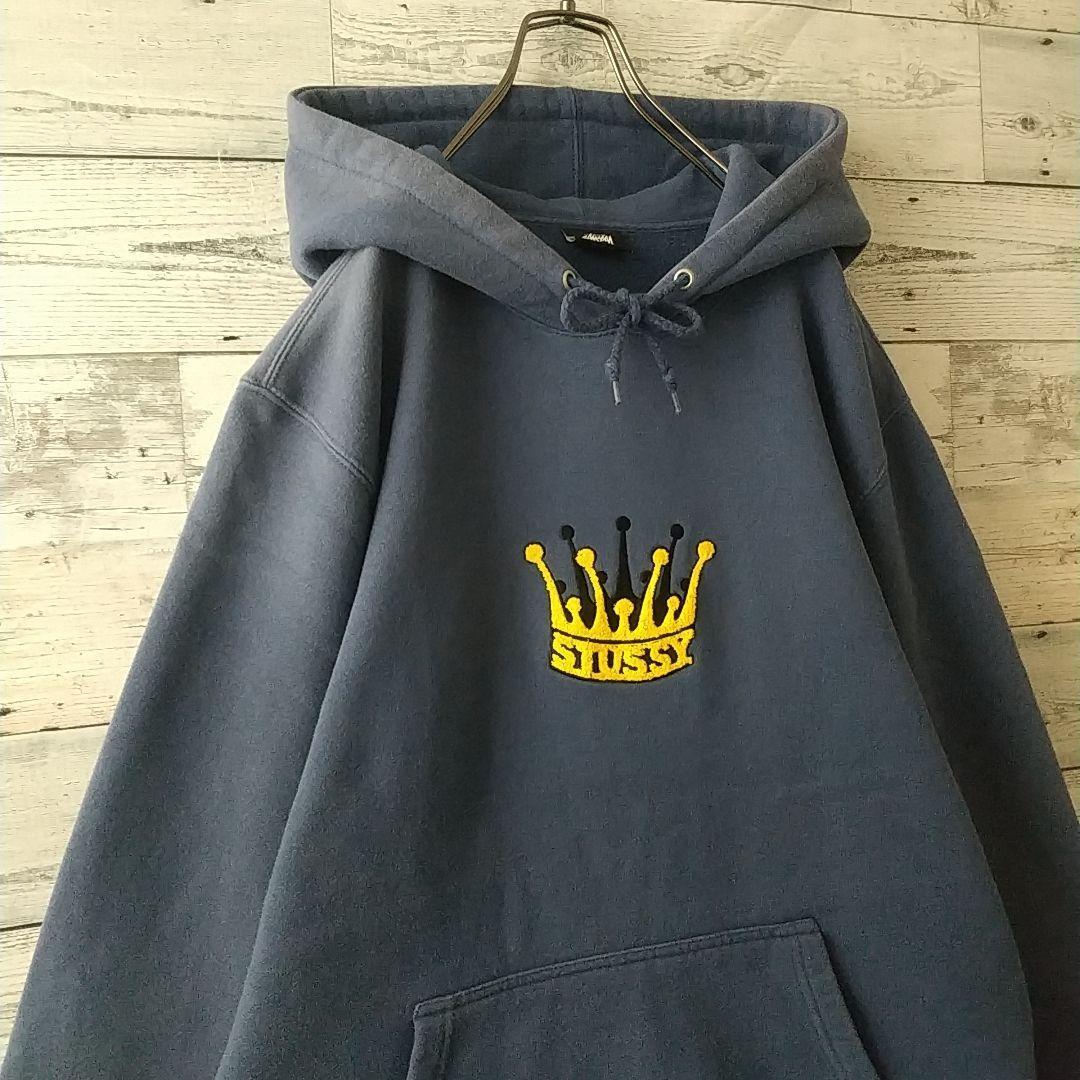 希少カラー☆ステューシー 刺繍 クラウン パイルロゴ パーカー L 紺