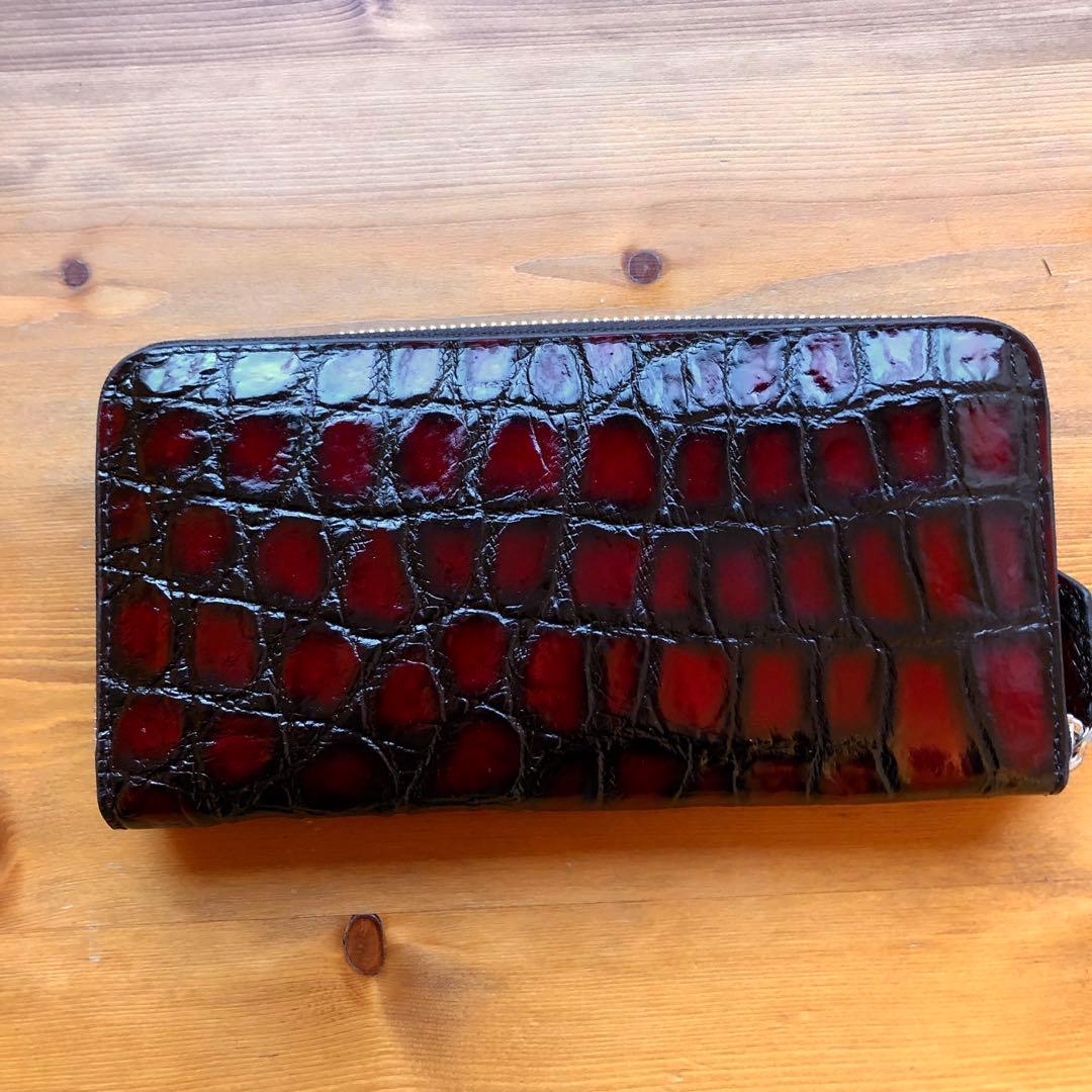クロコダイル 長財布 高級 一枚革メンズ レディース　赤レッド ブランド