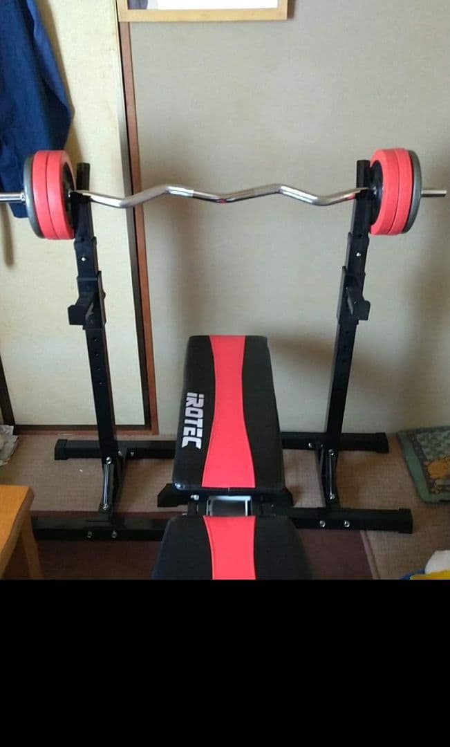 【アイロテック他】トレーニングベンチ バーベル他ウェイトは計100キロ以上