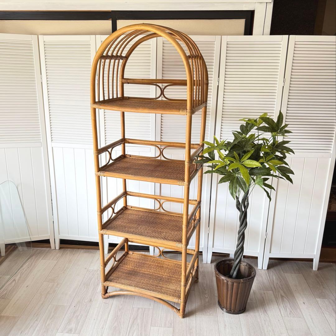 ヴィンテージ ラタンディスプレイラック 付き4段飾り棚 籐家具 収納