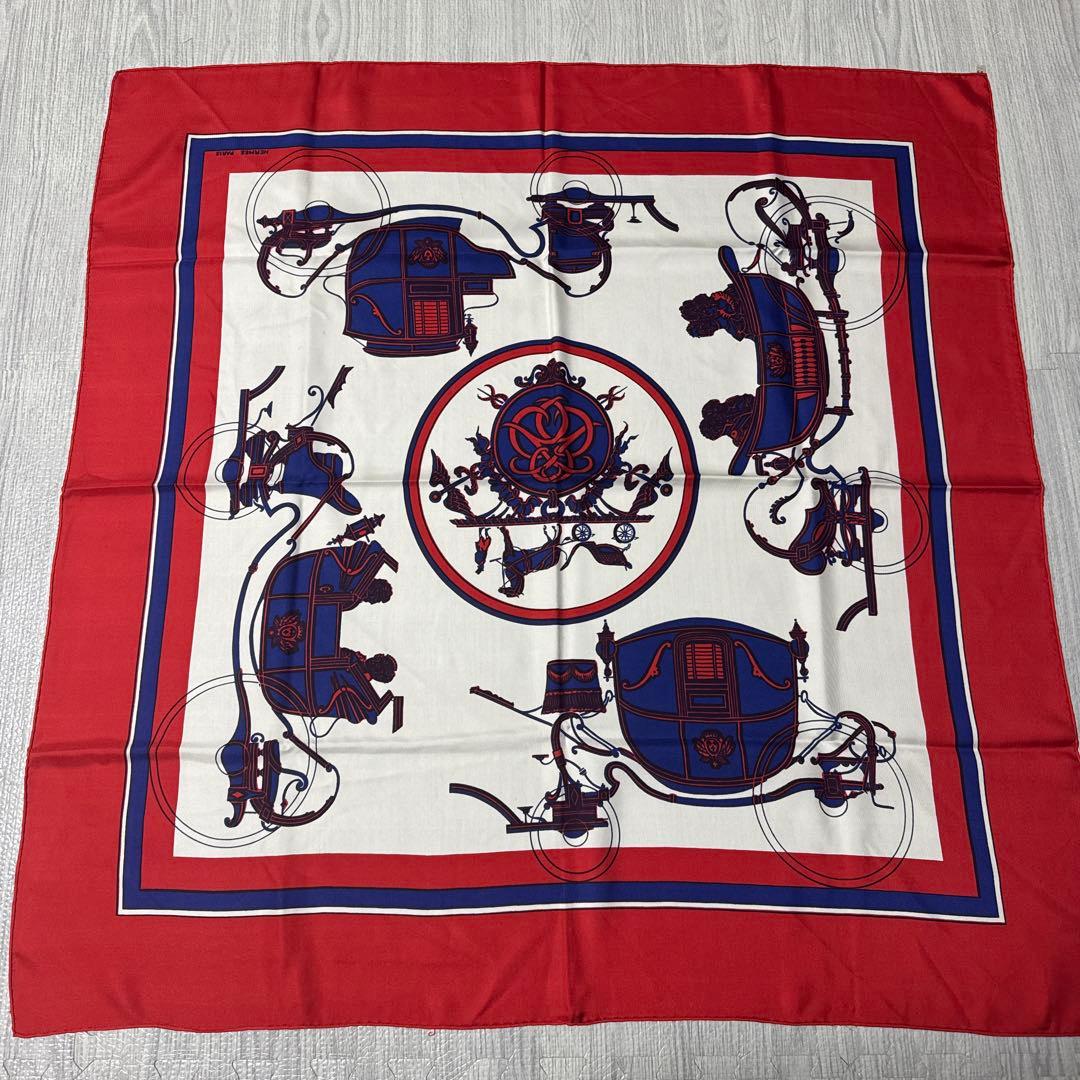 HERMES エルメス スカーフ カレ90 馬車 エクスリブリス レッド ブルー