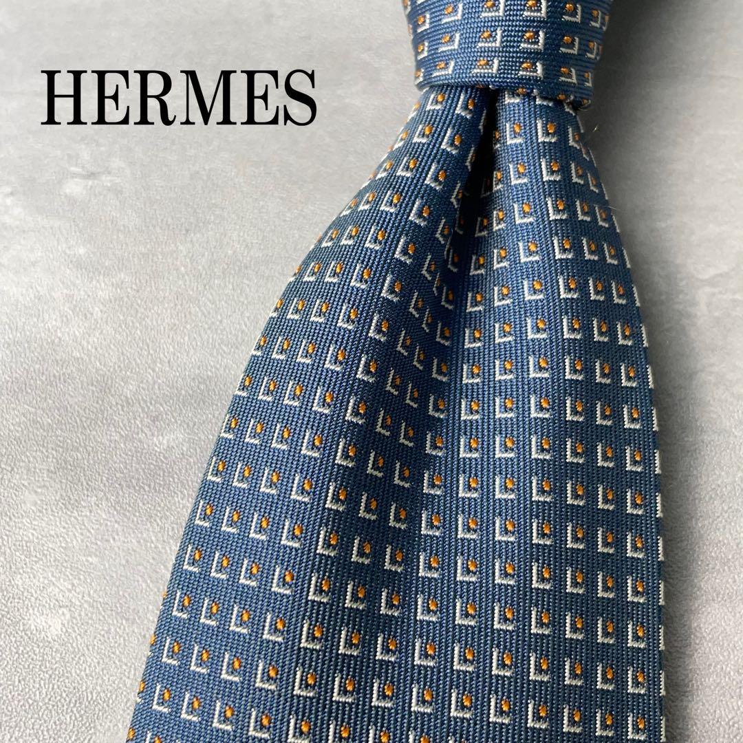 美品 HERMES ジャガード 玉虫 スクエアドット柄 ネクタイ ブルーグレー