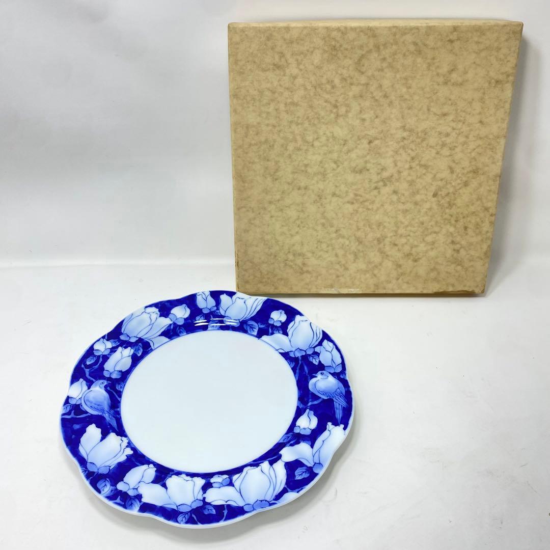 【未使用品】深川製 染付 花鳥外濃 ケーキ皿 直径 約20cm 宮内庁御用達