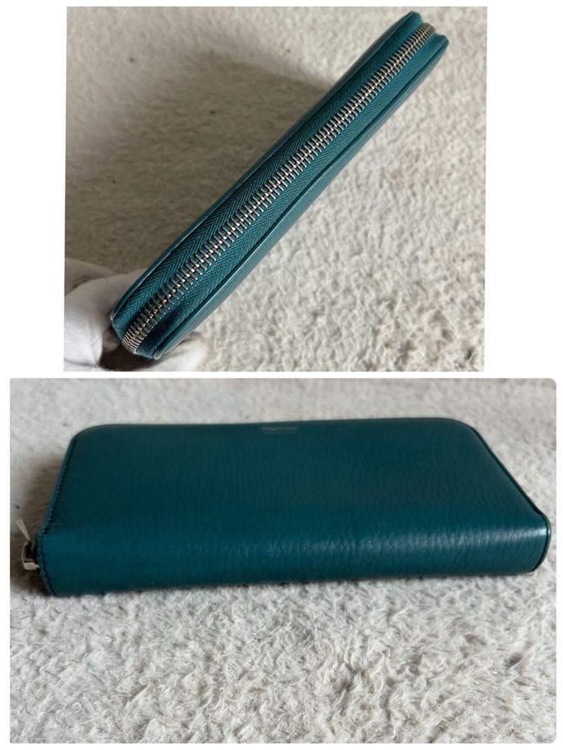美品✨トムフォード 長財布 ラウンドファスナー シボ革 ロゴ ターコイズグリーン