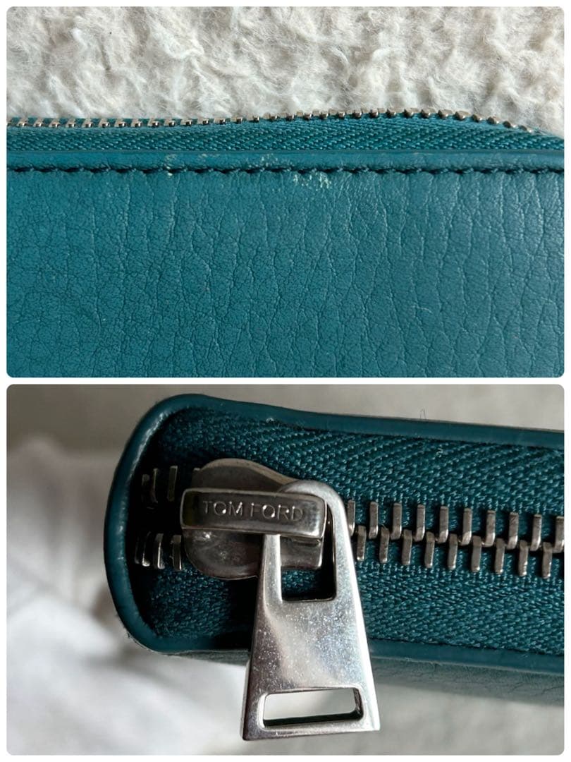 美品✨トムフォード 長財布 ラウンドファスナー シボ革 ロゴ ターコイズグリーン