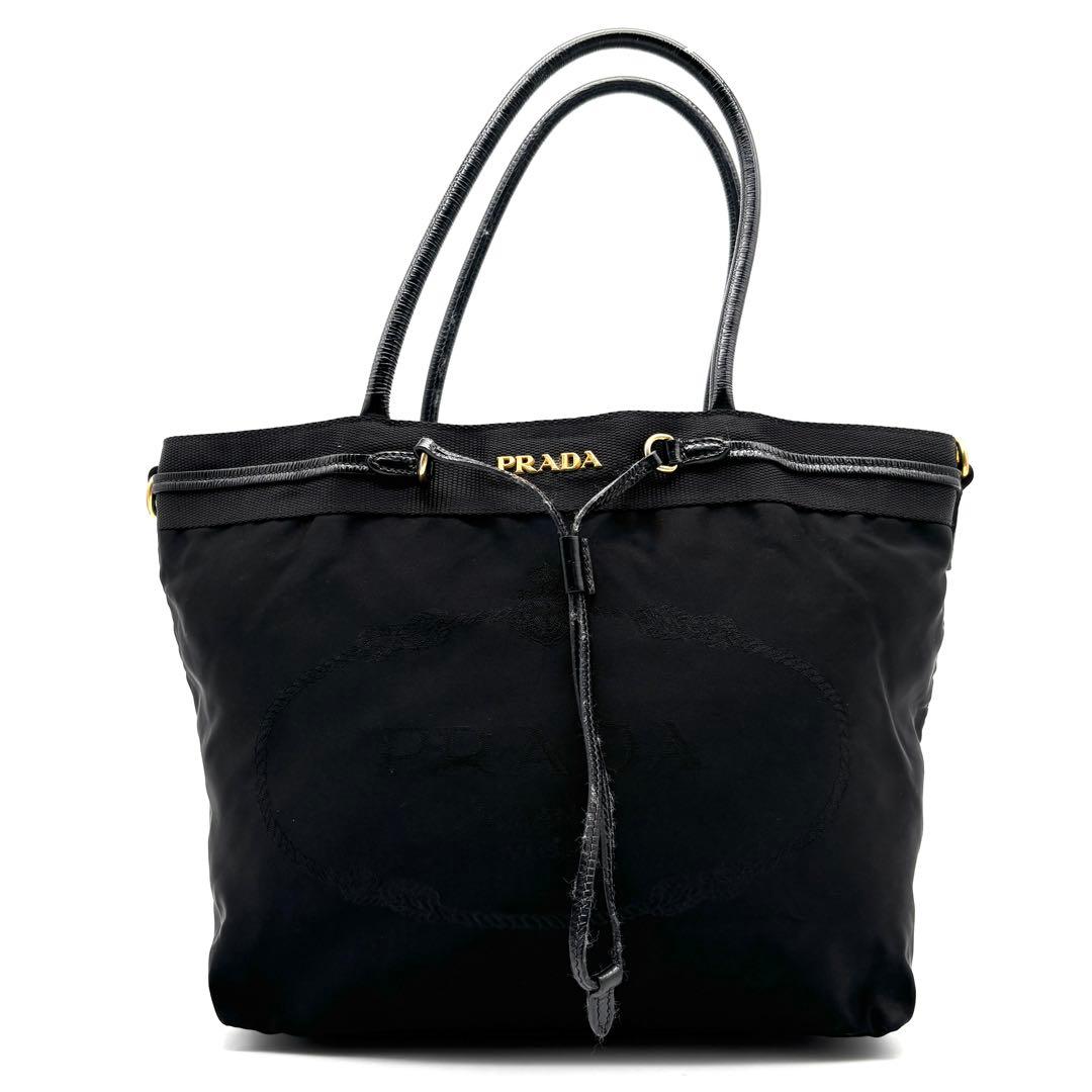 美品 プラダ トートバッグ ジャガード ゴールドロゴ 白タグ 肩掛け A4可 黒