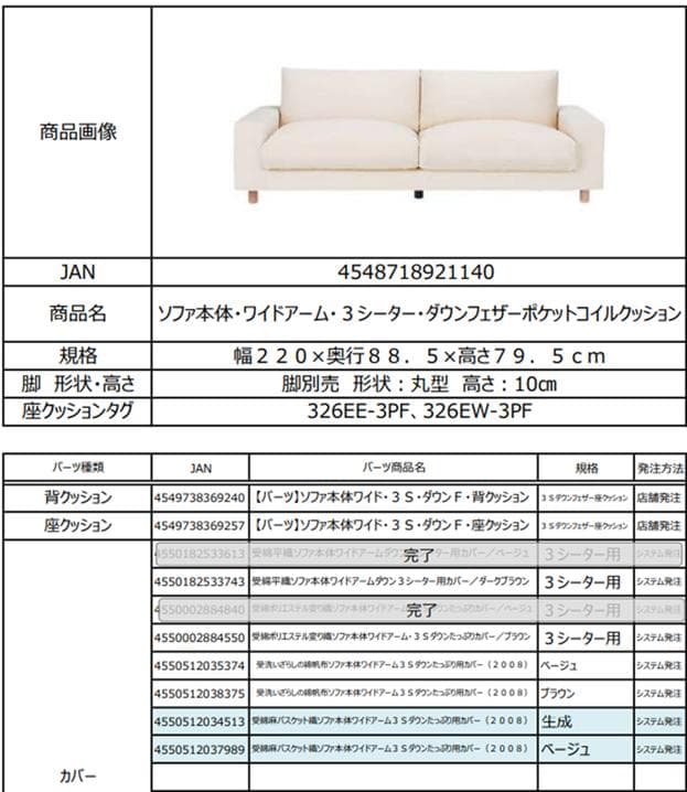 【終売品】無印良品 麻綿平織ソファ ワイドアーム ３シーター 背クッションカバー