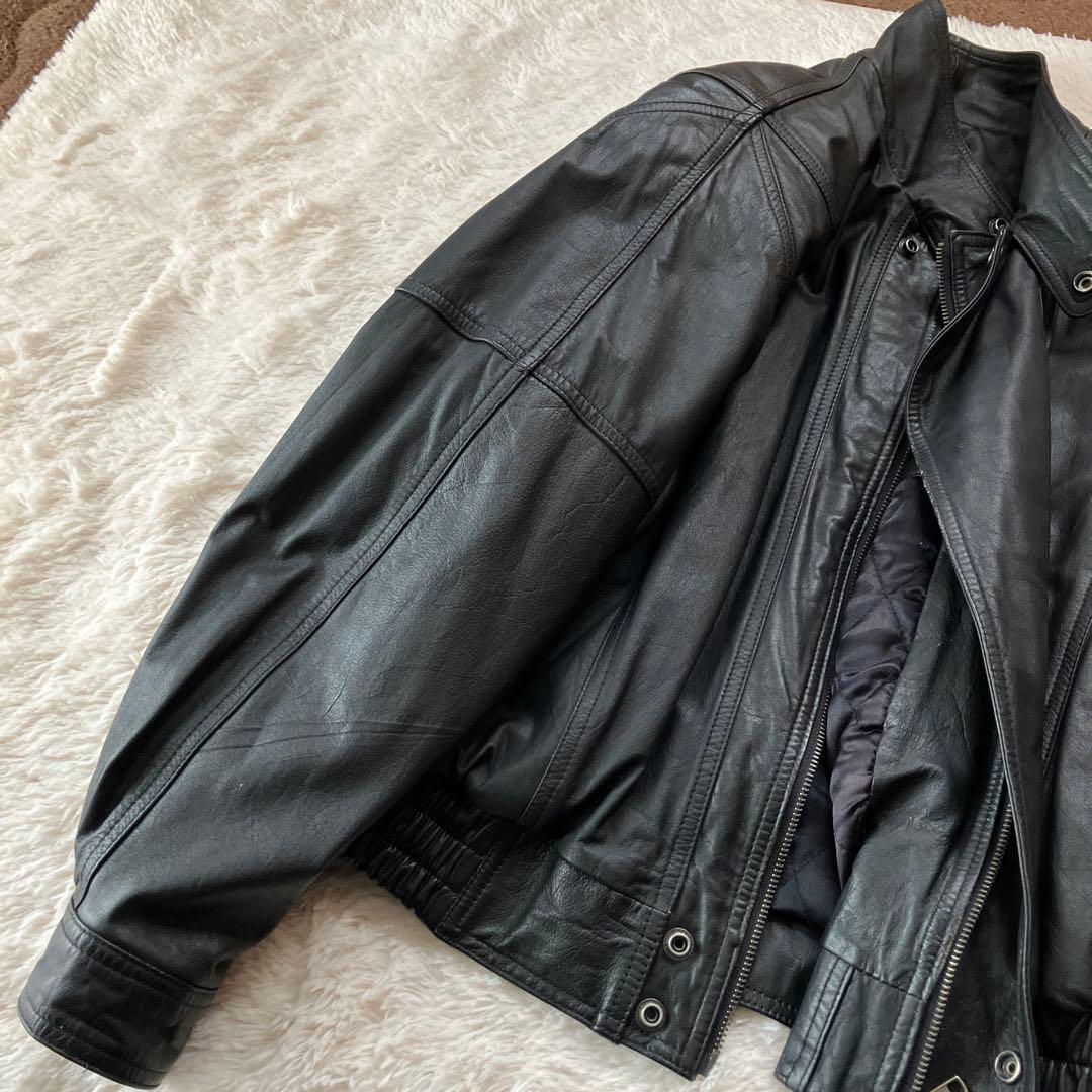美品90s レディースレザージャケット黒牛革100% 内ポケット付リスト調整可能