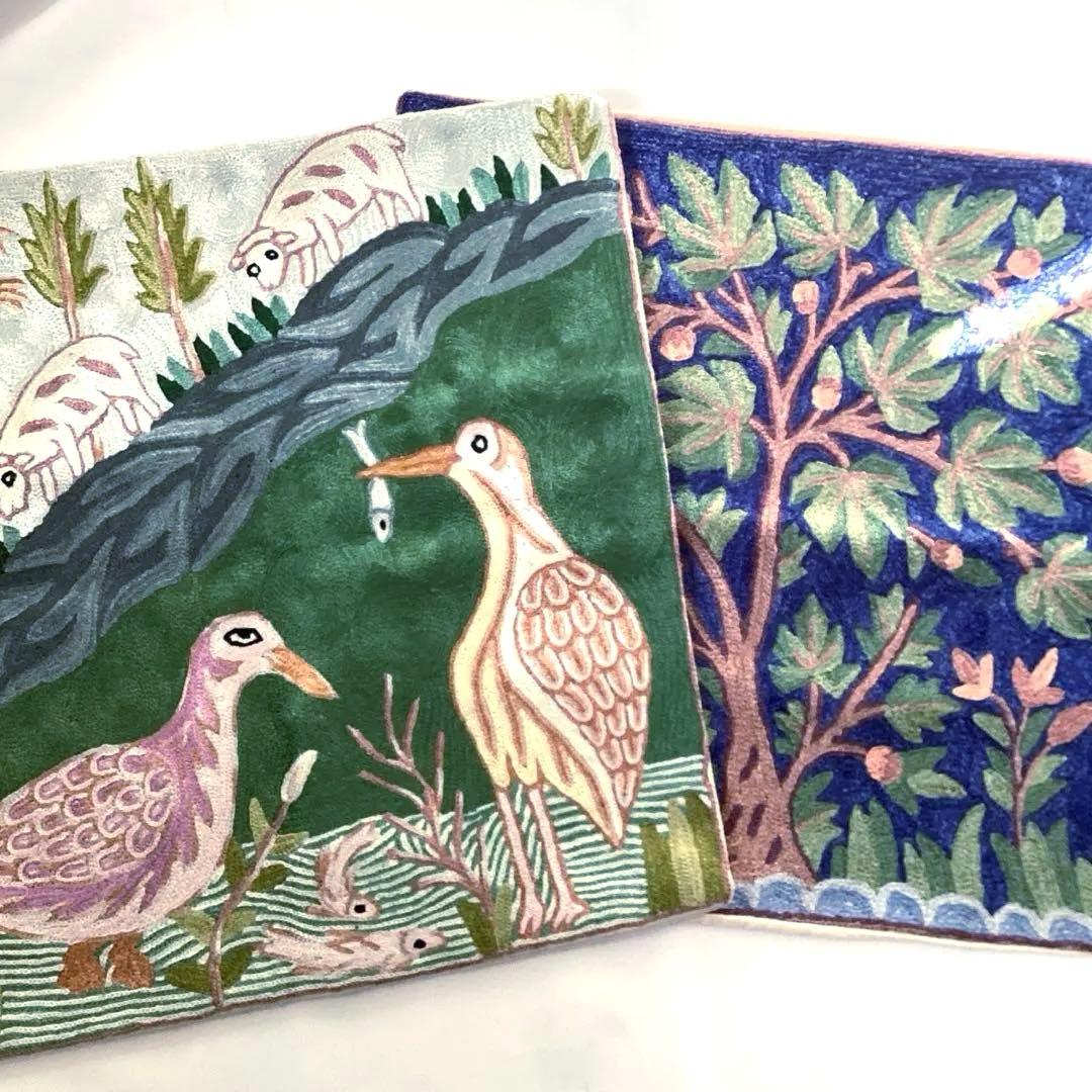 ネパール　手刺繍　クッションカバー　2枚セット