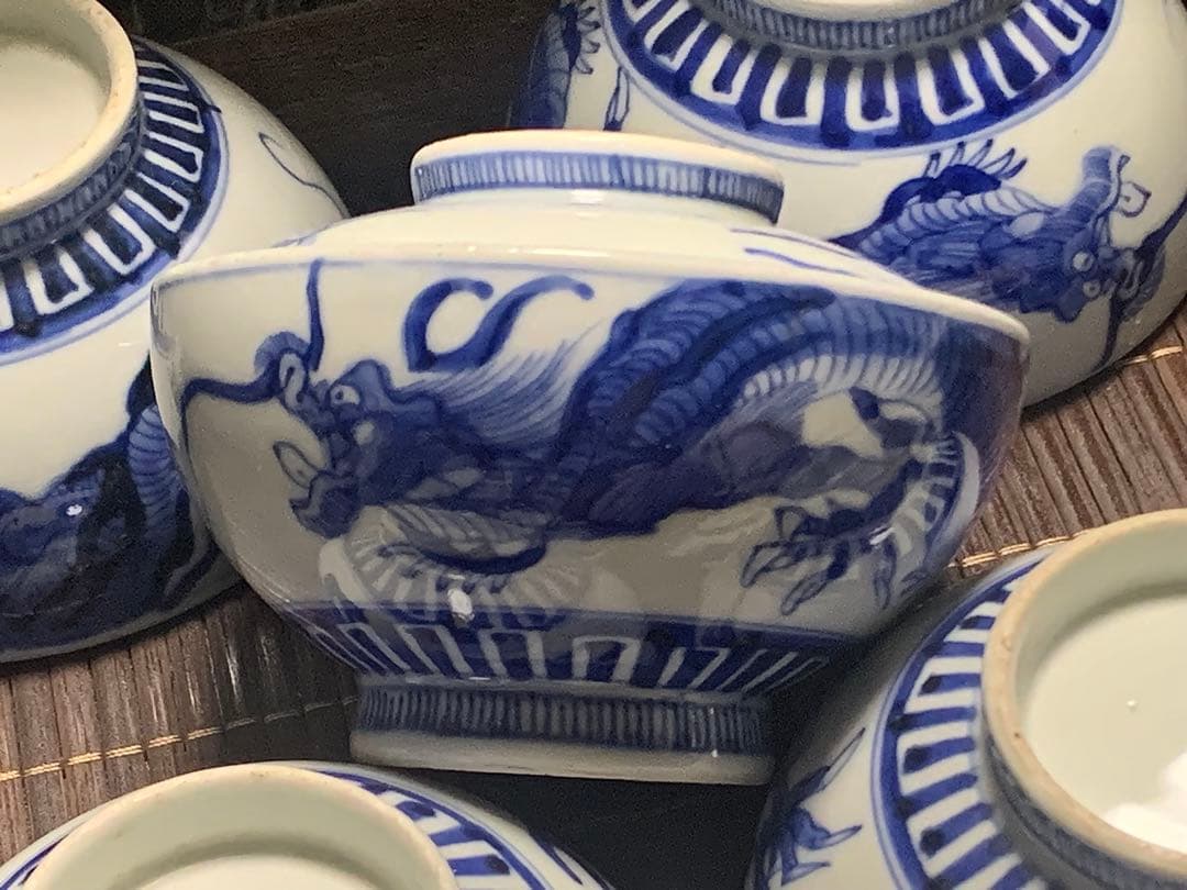 太化年製 古伊万里 染付龍文 蓋付飯碗6個