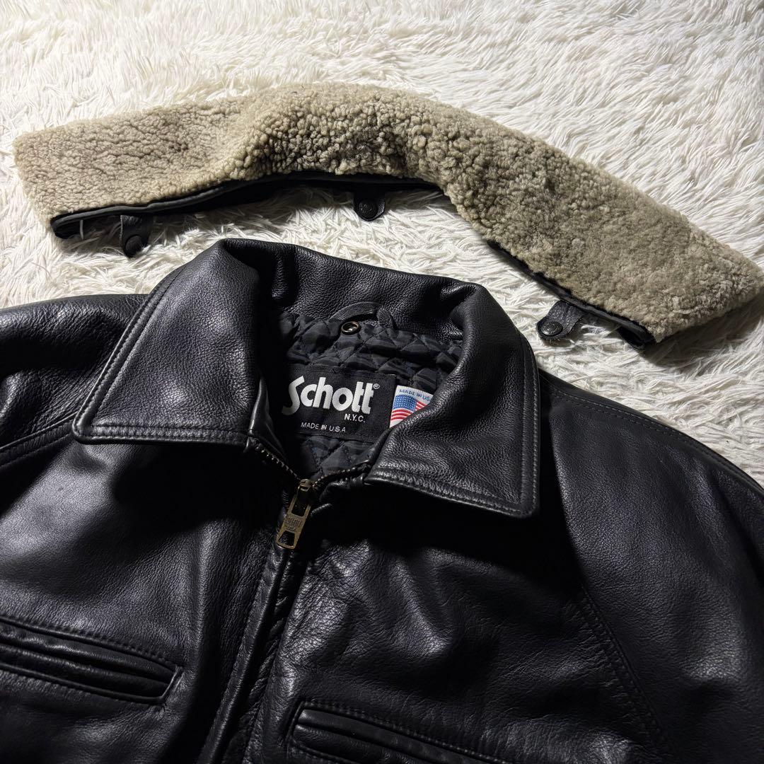 米国製■schott カーコート　レザージャケット　本革　襟ボア　ブラック　44