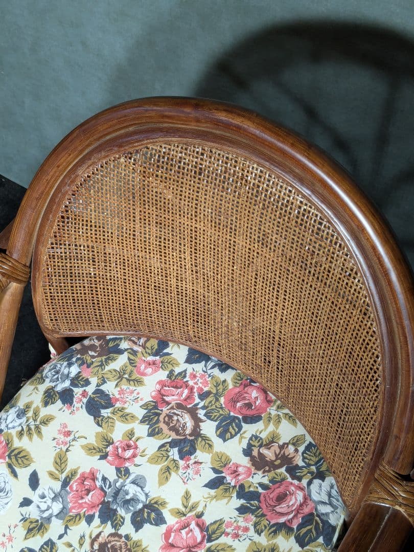 (S) 昭和レトロ　ラタン　チェア　座椅子　藤回転椅子　薔薇柄