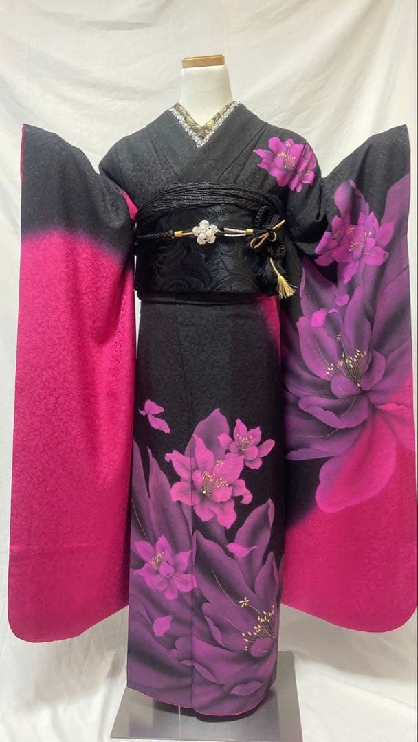 まさみ品　黒とピンク 花柄　振袖フルセット　正絹振袖成人式振袖6点セット