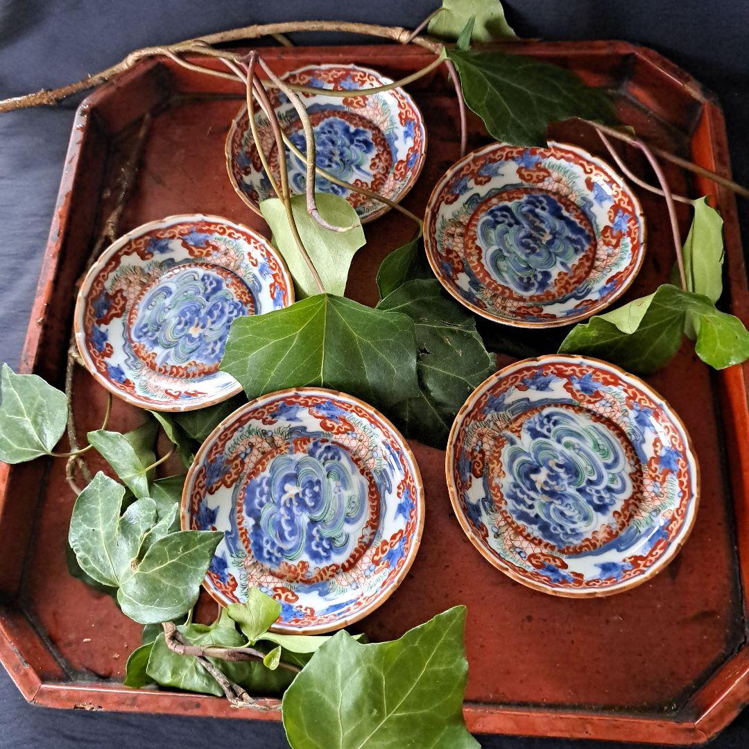 「現代アート？！な古伊万里皿(直径11cm)」金彩色絵小皿 5客セット 骨董アン