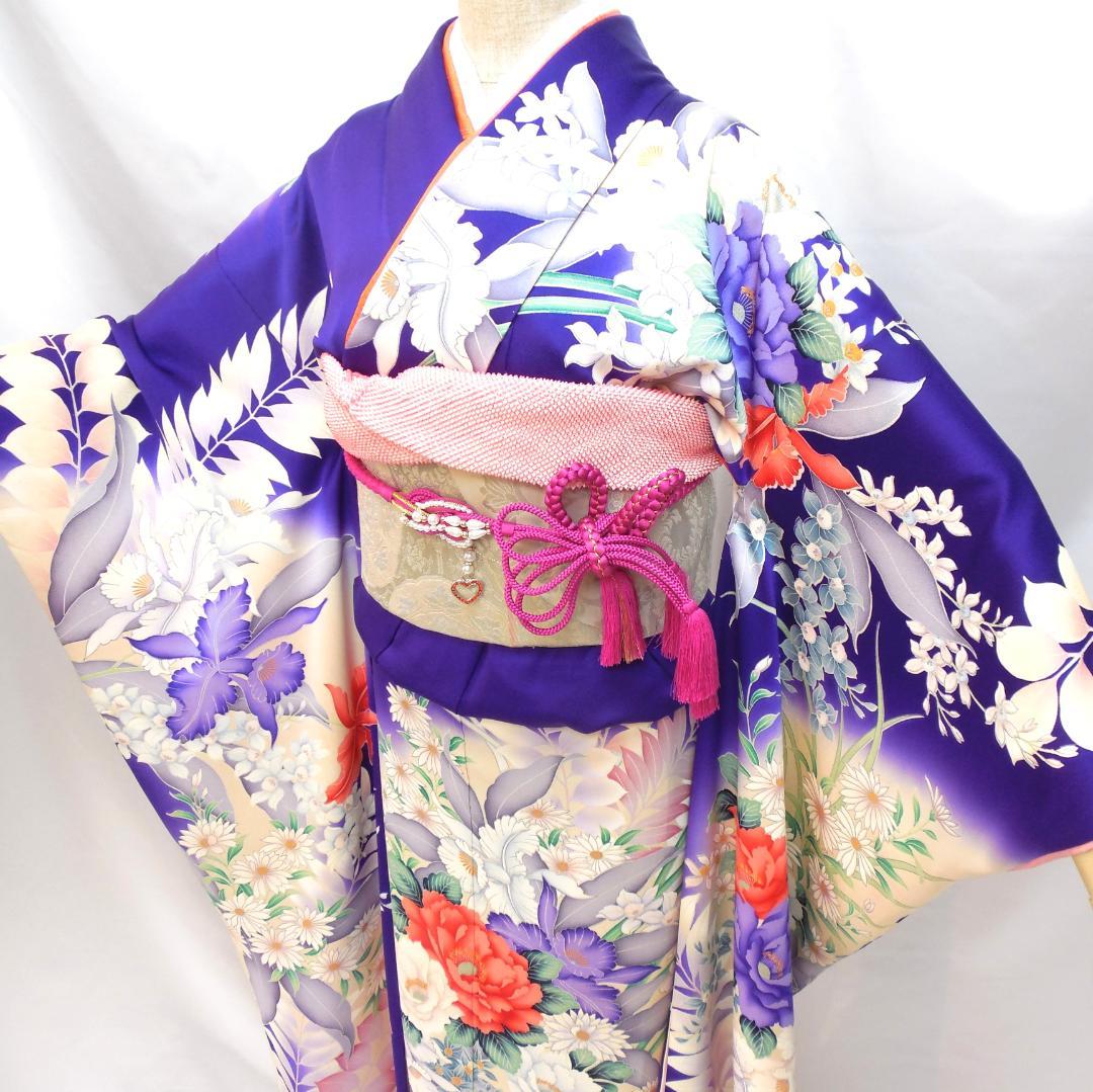 美品★振袖フルセット　正絹　成人式　振袖　7点セット　Mサイズ　紫　花柄　華やか