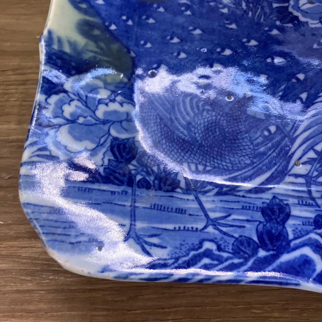 D-5時代物 伊万里焼 染付 孔雀図 牡丹図 舟形角皿 平皿 飾皿 骨董