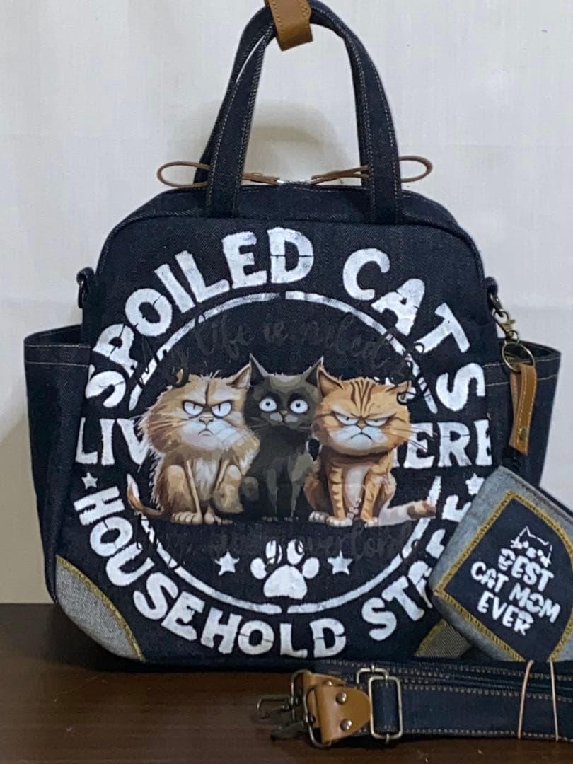セール☆岡山デニム☆ステンシル☆トラネコ☆悪ネコ☆4wayボストンバッグ