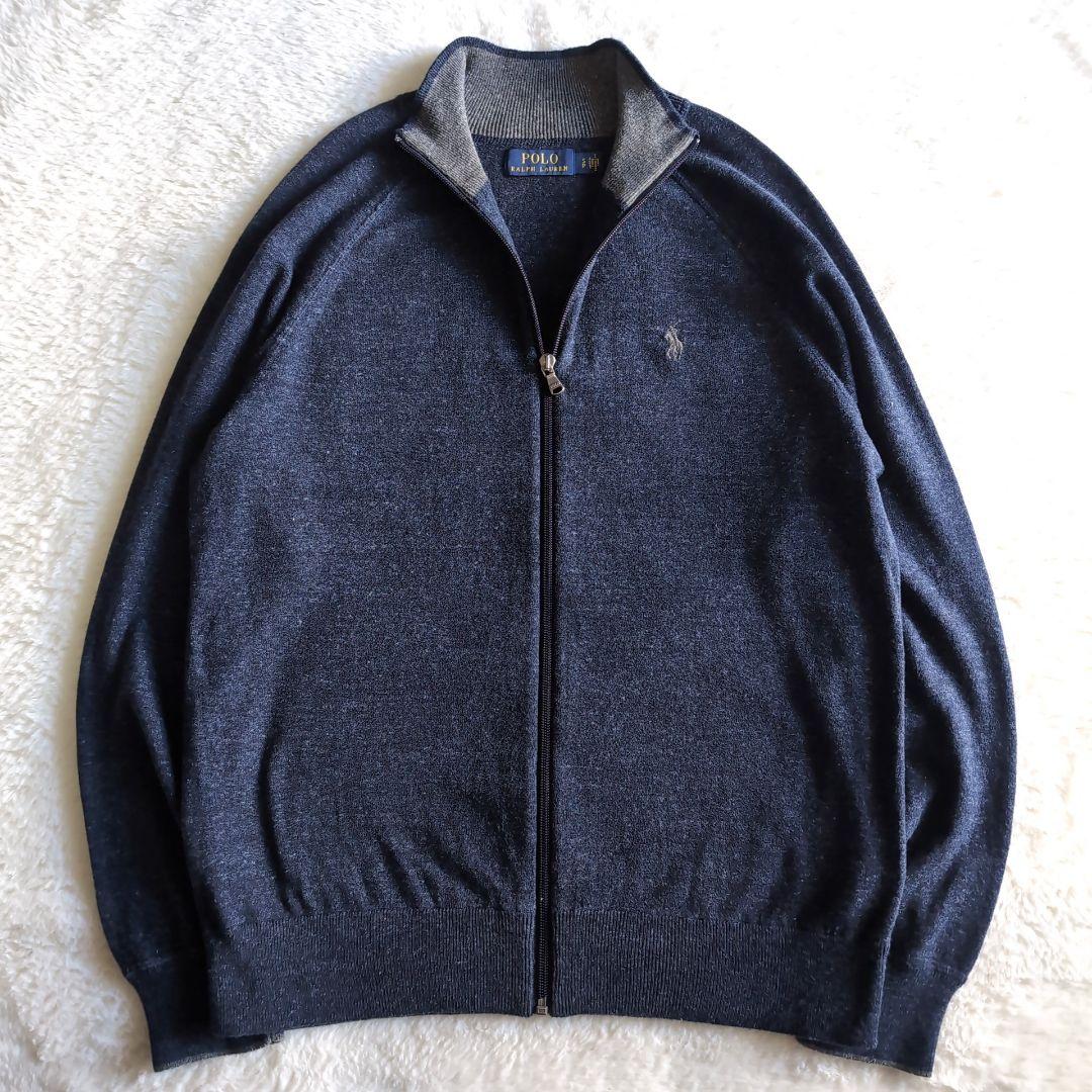 美品 ポロラルフローレン スタンドカラー ジップ ニットカーディガン ネイビー