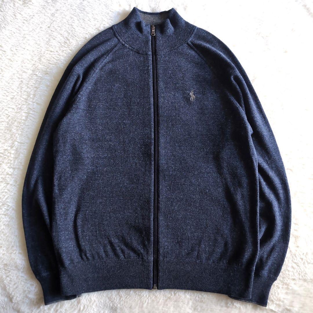 美品 ポロラルフローレン スタンドカラー ジップ ニットカーディガン ネイビー