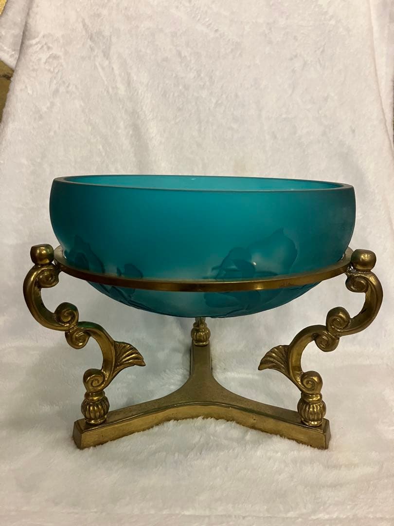 青色ガラスボウル 金属スタンド付き