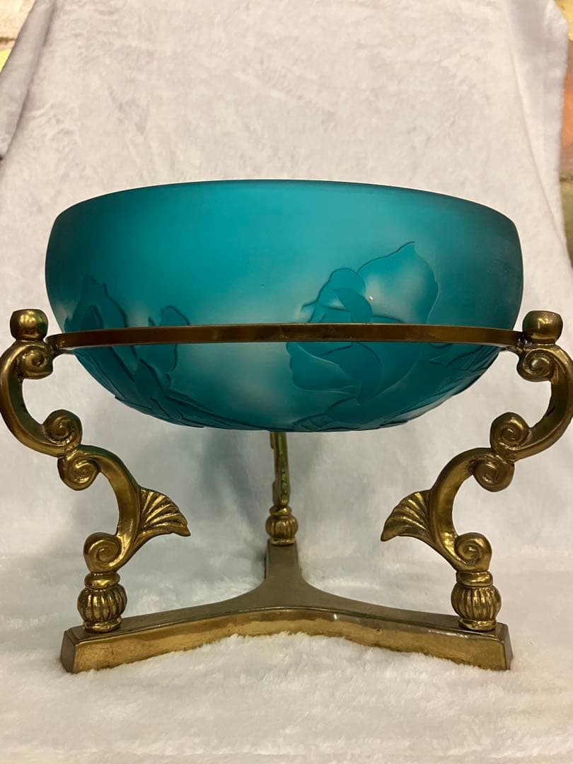 青色ガラスボウル 金属スタンド付き