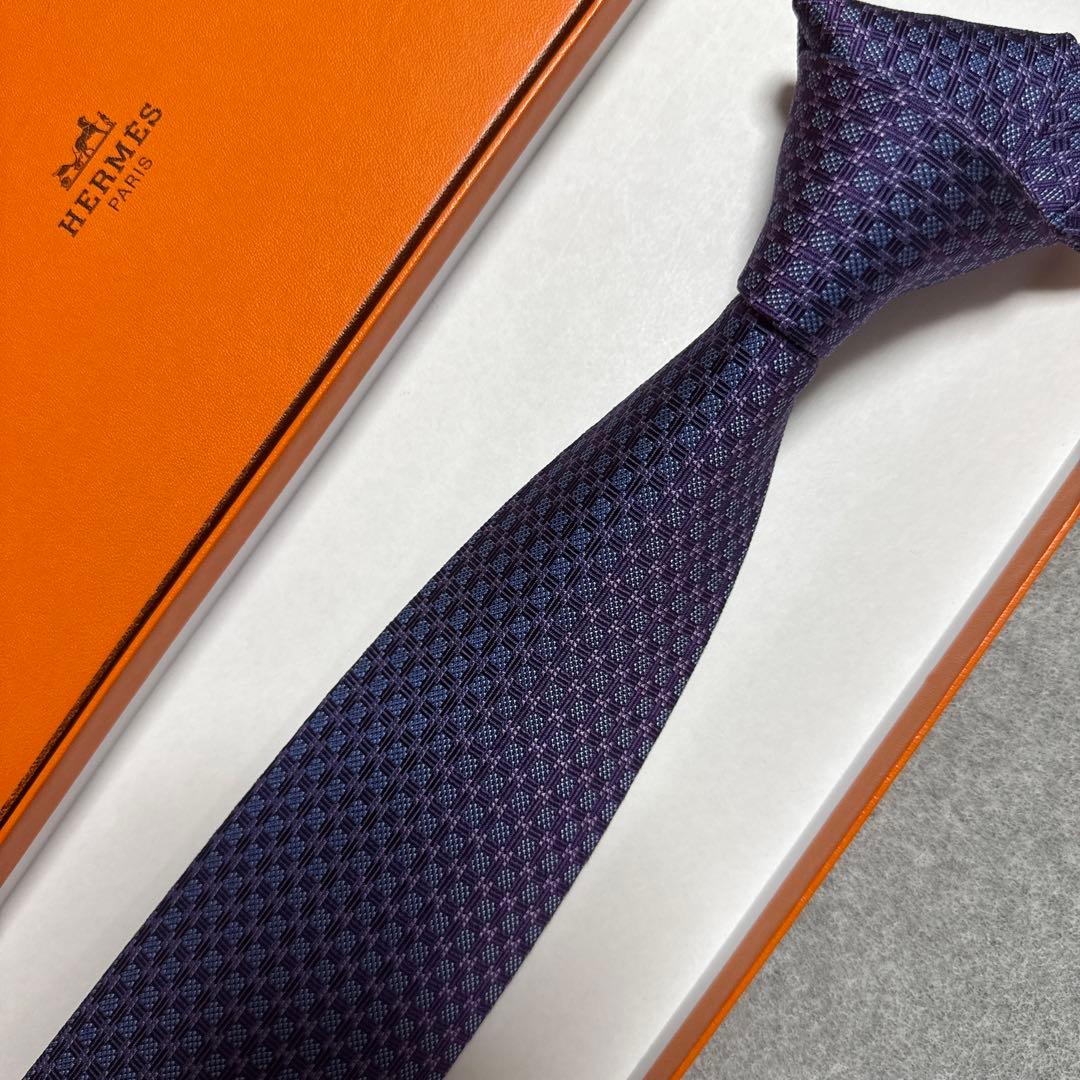 極美品　エルメス　ネクタイ　紫　H柄 シルクジャガード　結婚式