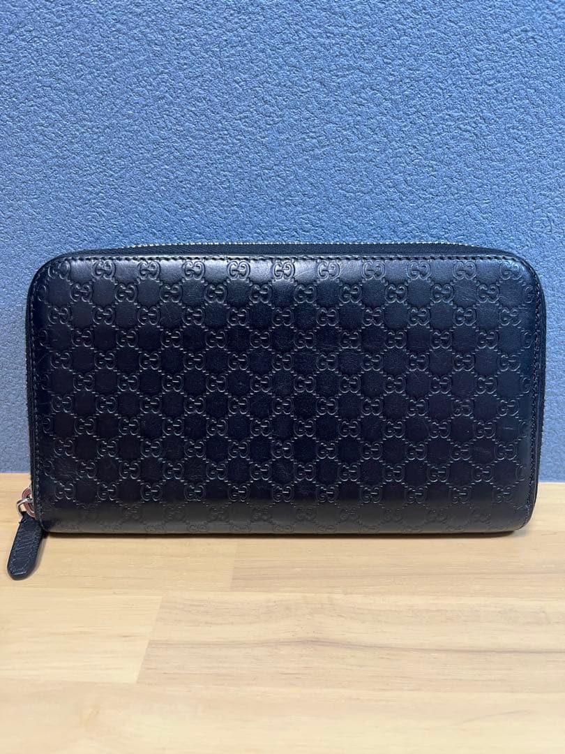 グッチ マイクロシマ GG柄 ラウンドジップ 長財布 レザー ブラック