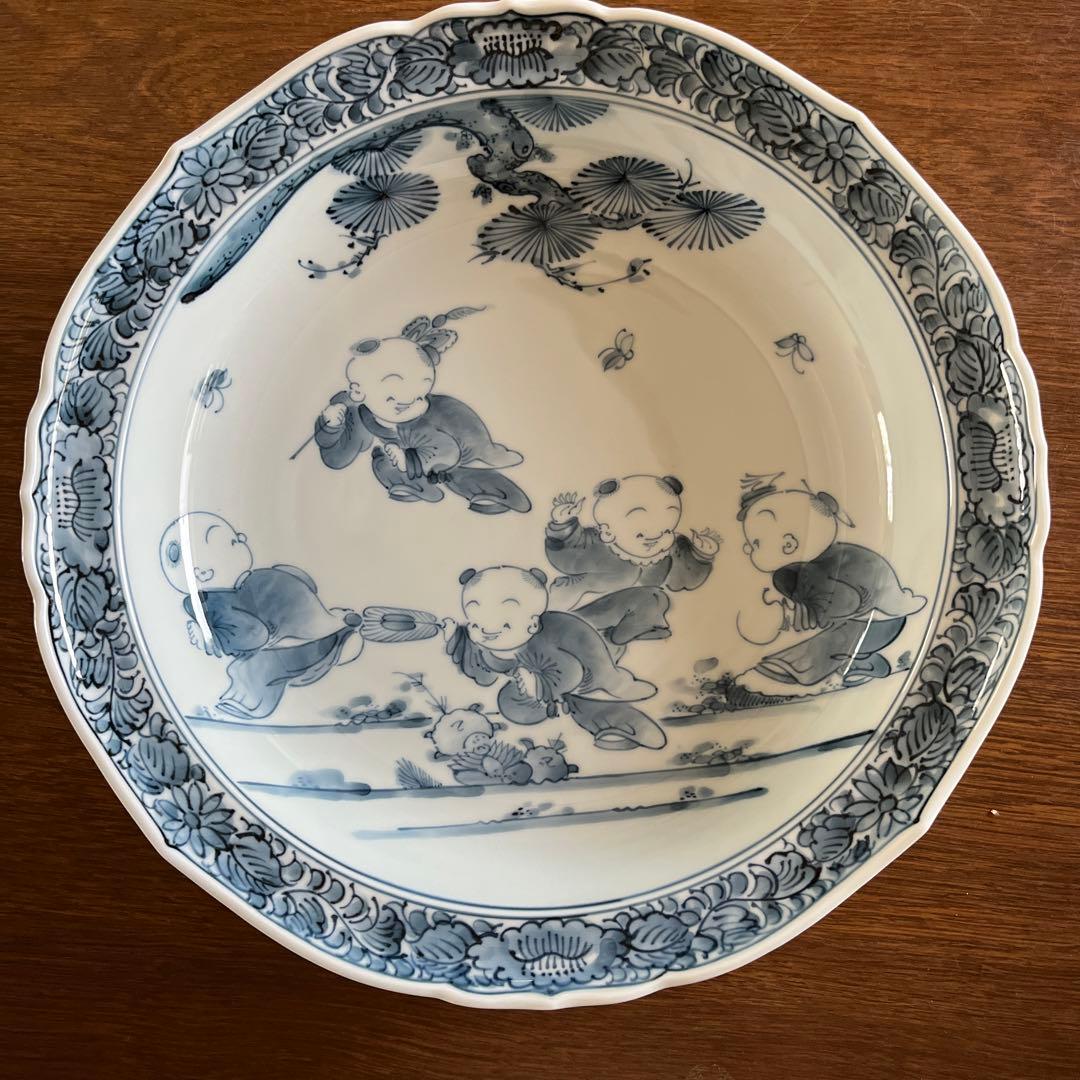 平戸松山窯　唐子絵大皿（桔梗縁）