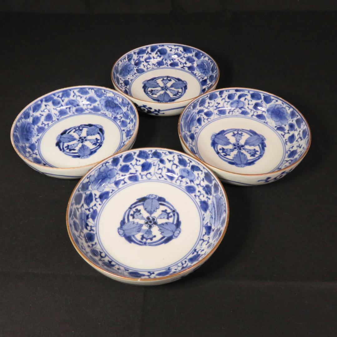 なます皿 4枚 染付 古伊万里 花唐草 銘 渦福 蛇の目高台