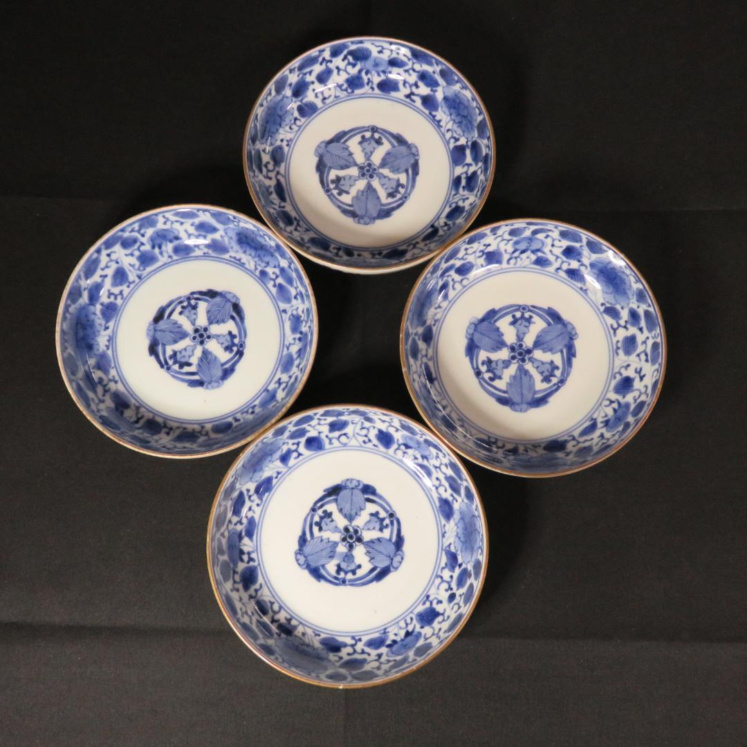 なます皿 4枚 染付 古伊万里 花唐草 銘 渦福 蛇の目高台