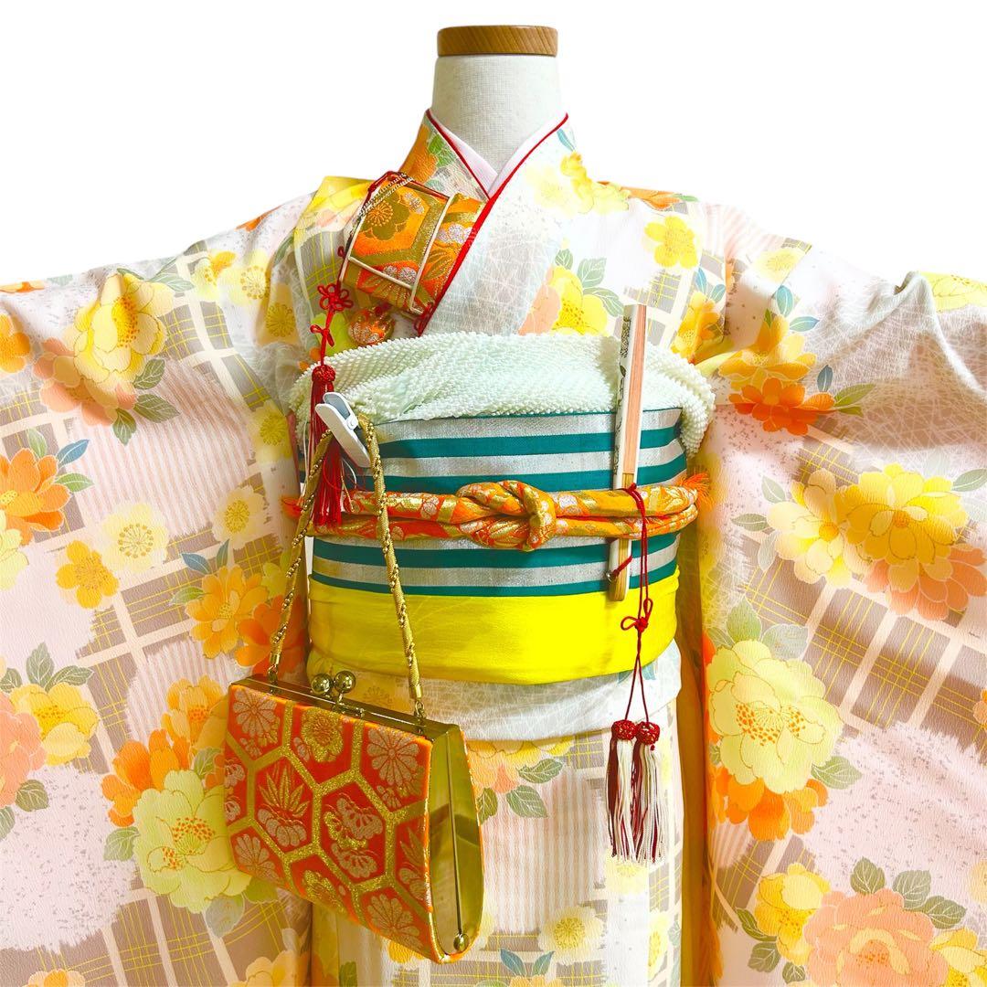 着物　七五三　7歳　女の子　13点　フルセット　オレンジ　グレージュ　格子　花文