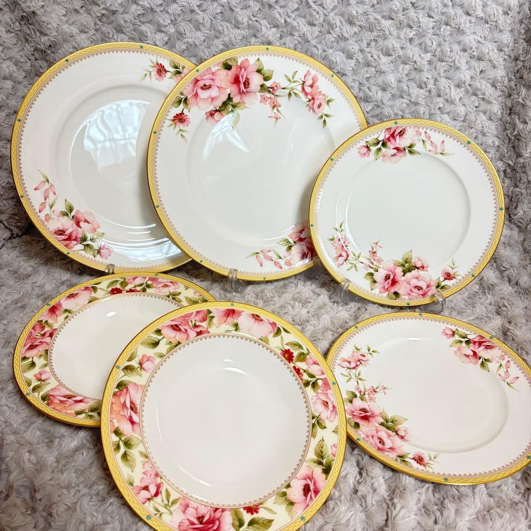 ノリタケ　ハートフォード　６点セット　プレート　スープ皿　金彩　花柄　ピンク