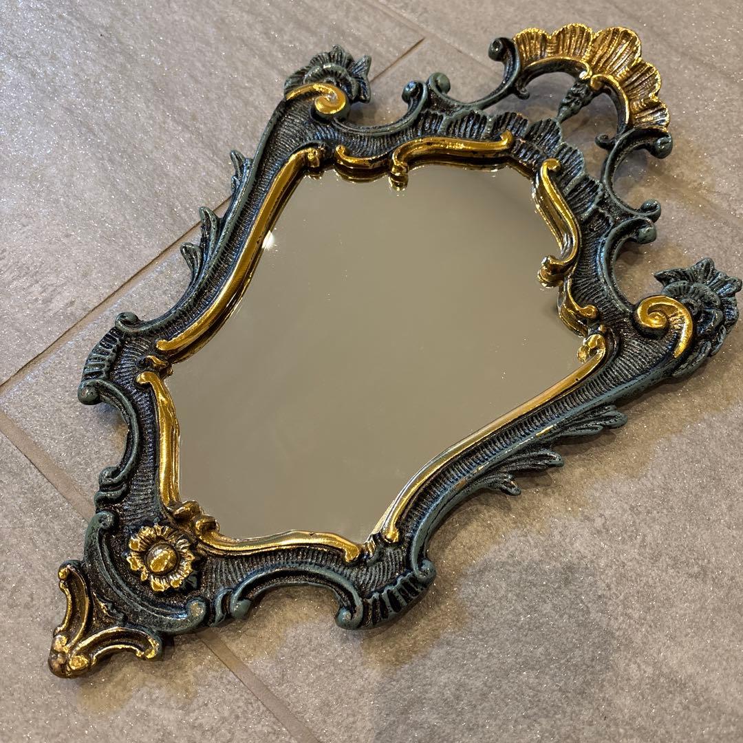 バロックスタイル 壁掛け鏡 ダークブルーと金 約40cm x 25cm