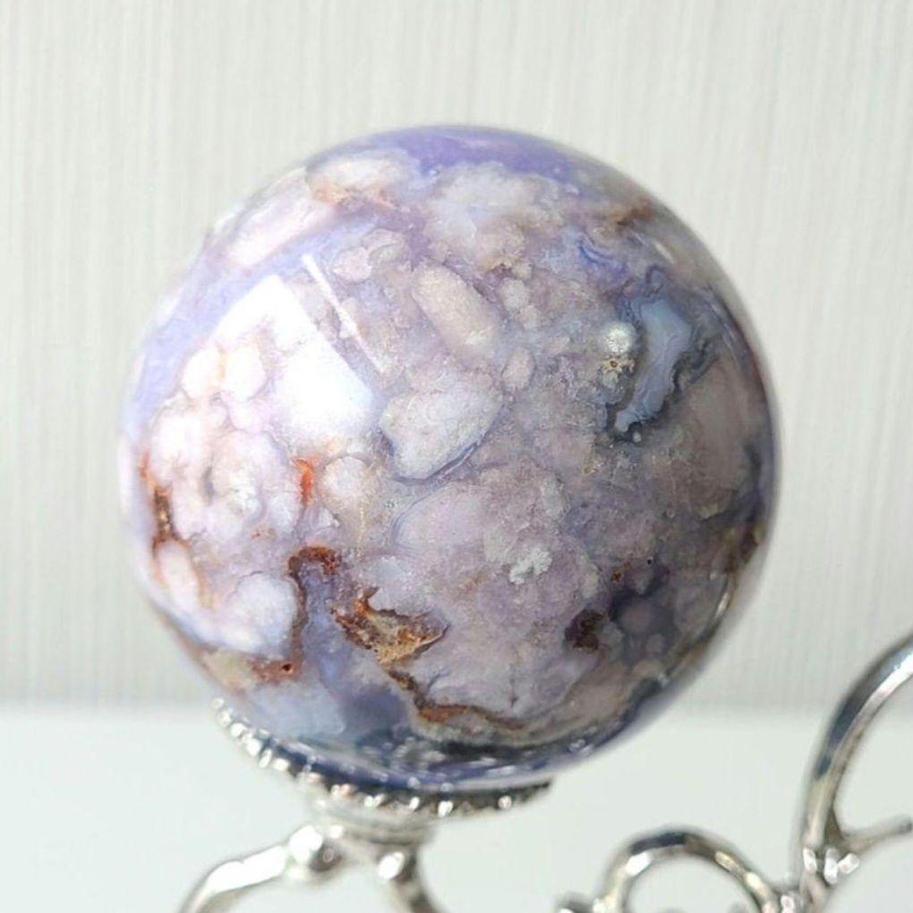 ブルー桜瑪瑙　スフィア　天然石置物　フラワーアゲート　原石　丸玉　ディスプレイ