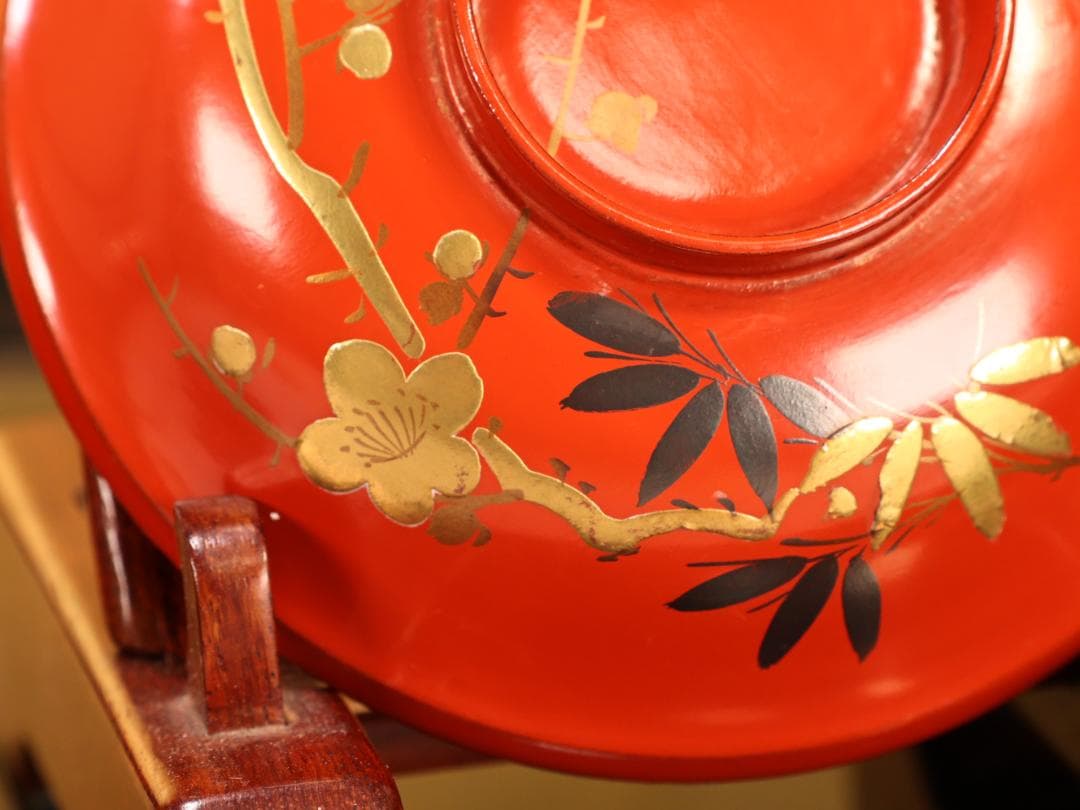 BK416　時代輪島塗　松竹梅図蒔絵　吸物椀　五客　木製　茶道具 懐石 会席