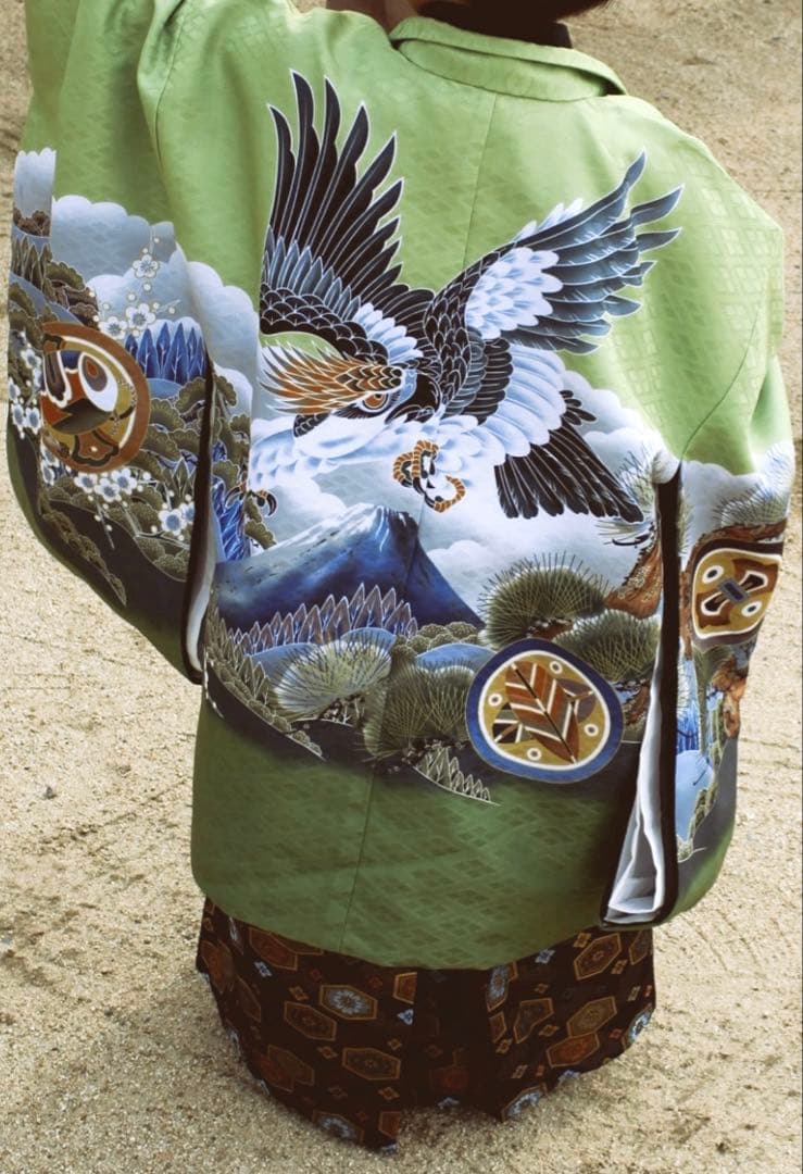 七五三 着物 袴 セット 緑色 鷹デザイン