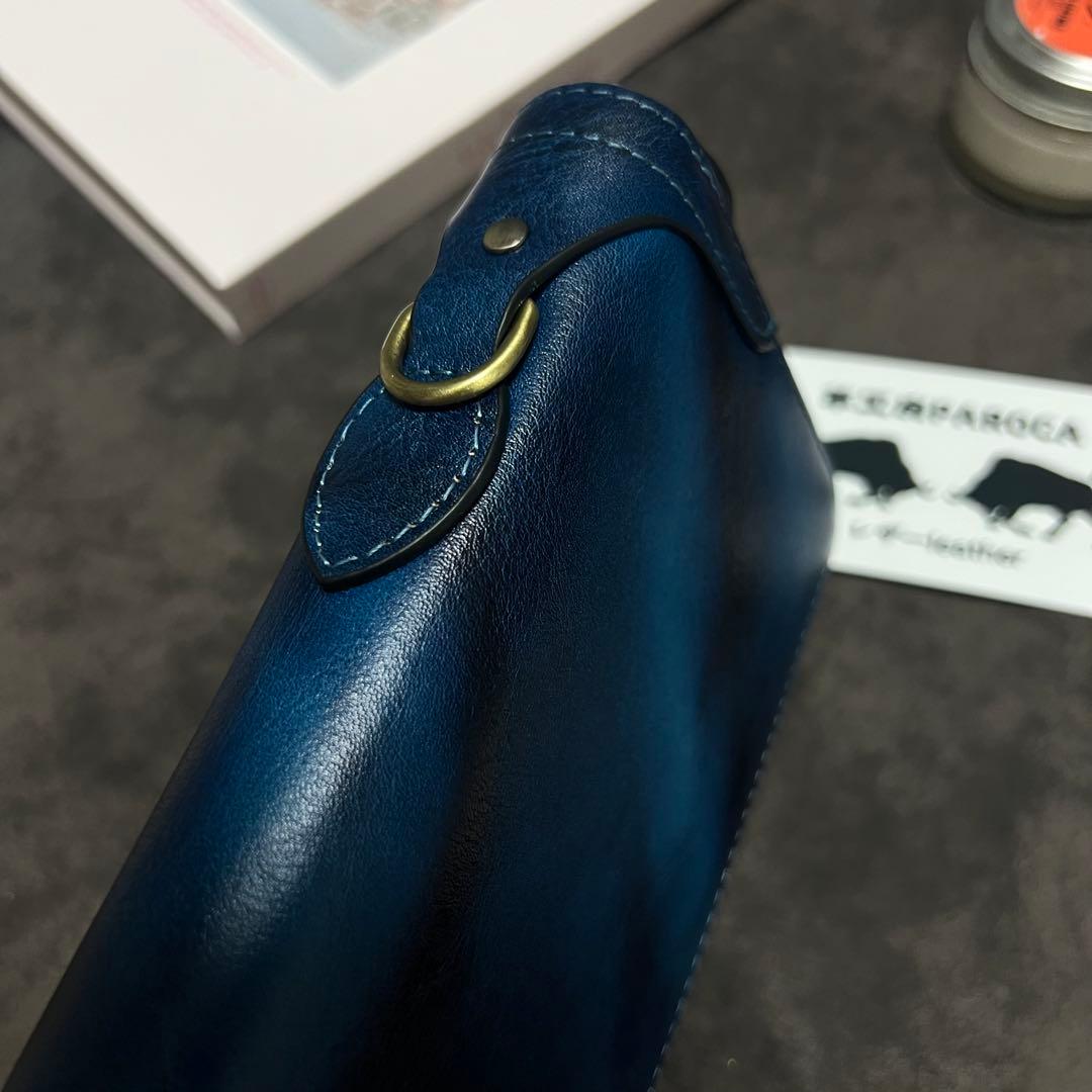 新作品　数量限定　藍色　手染めイタリアンレザー メンズ 牛革本革　長財布