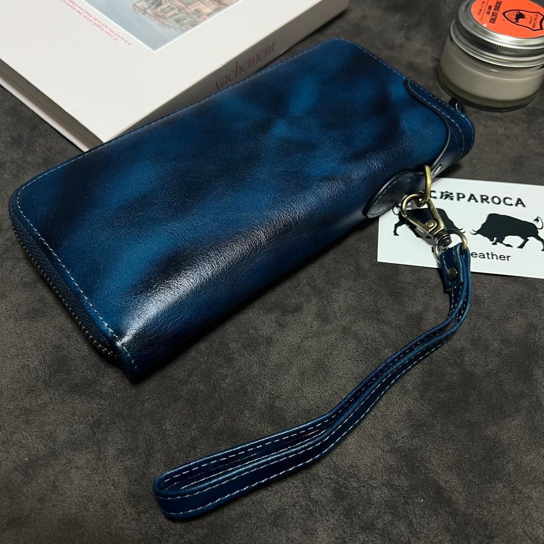新作品　数量限定　藍色　手染めイタリアンレザー メンズ 牛革本革　長財布