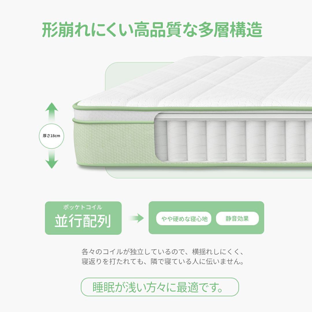 高密度ポケットコイル マットレス クイーン 厚さ18cm 通気性抜群 やや硬め