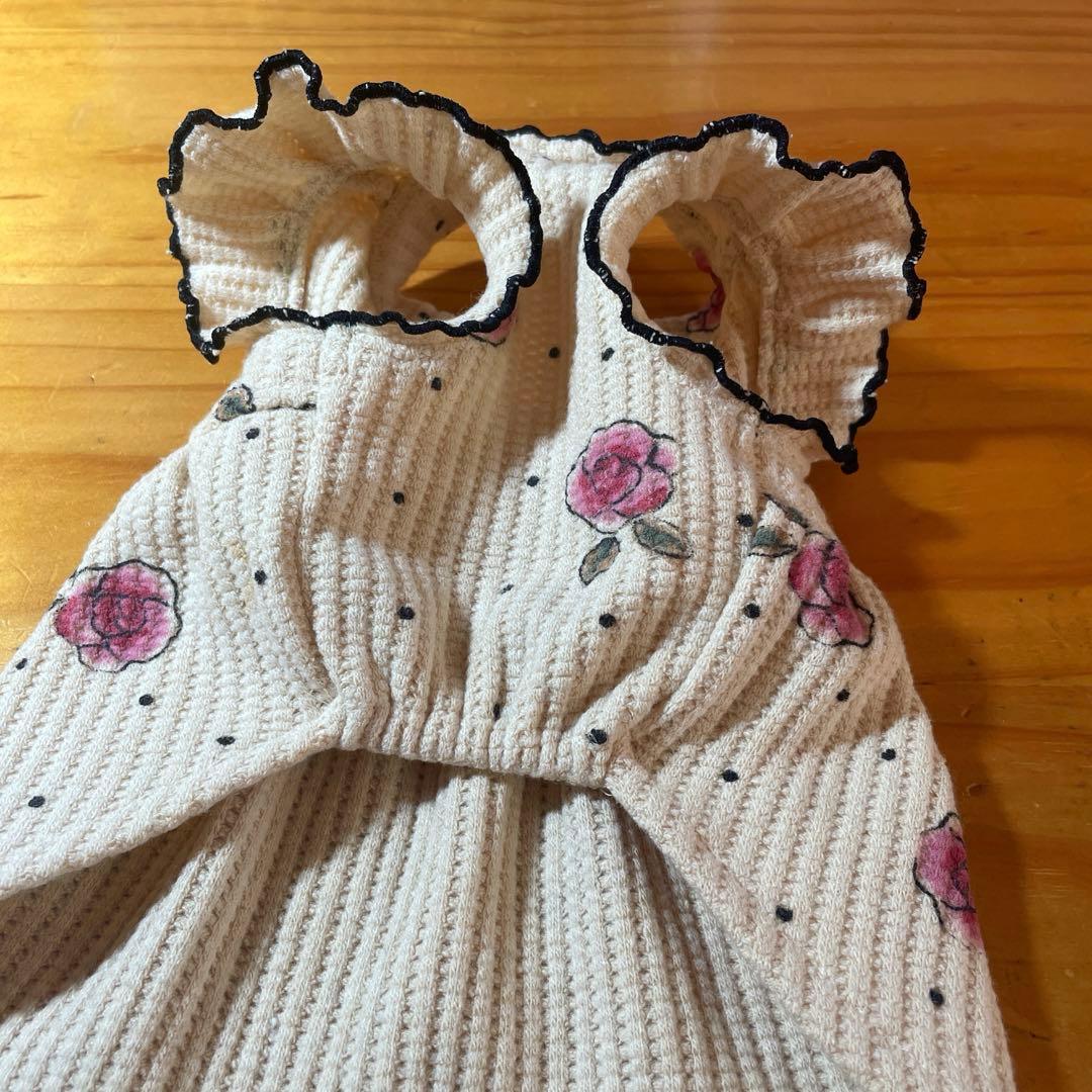 ハンドメイド犬服　ロールネック切替フリルワンピ ワッフルニット