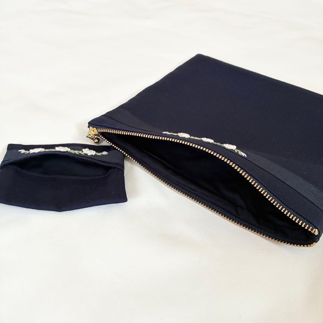 こん　手刺繍　シューズバッグ　サブバッグ　ティッシュケース　【1/2】