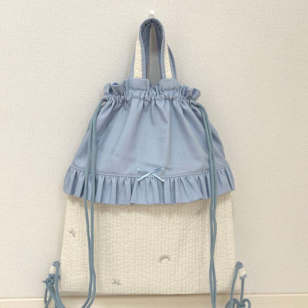 入園入学3点セット　【月と星ヌビ×水色】　女の子　レッスンバッグ　上靴袋　体操服