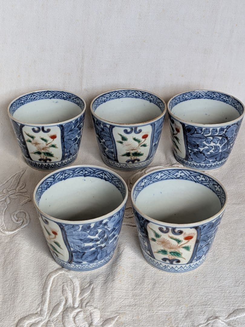 古伊万里 蕎麦猪口 5客セット 色絵染付 金彩アザミ図 江戸中期