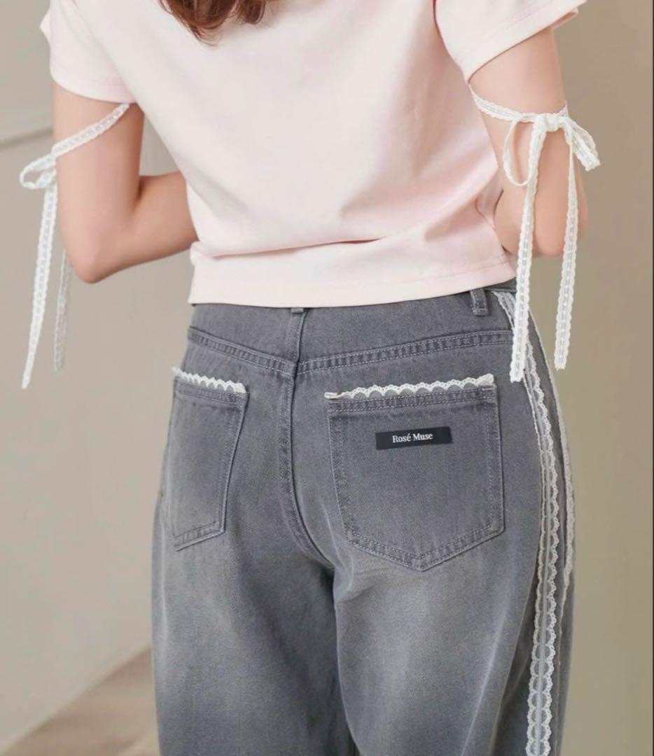 rosemuse ロゼミューズ グレー サイドストライプ デニムパンツ